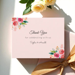 Pink Wedding Thank You Floral Note Card