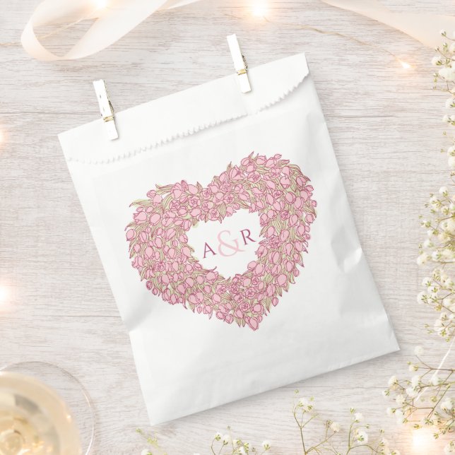 Pink wedding tulips flower heart bouquet monogram favour bags (Clipped)