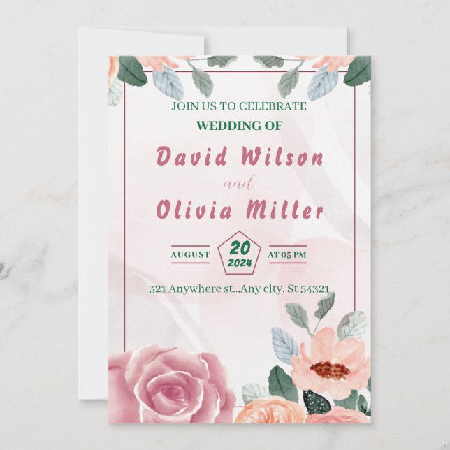 Pink wedding with watercolor flowers ,leaves invitation (Front)