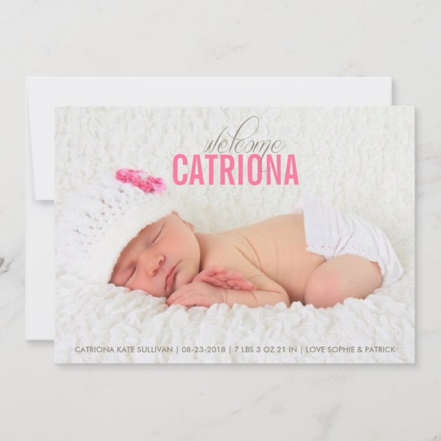 Pink Welcome Baby Photo Baby Birth Announcement (Front)