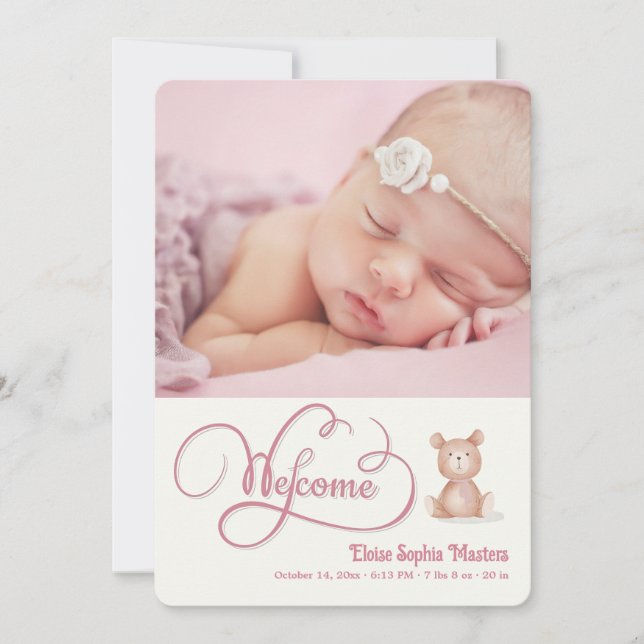 Pink Welcome Calligraphy Birth Announcement (Front)
