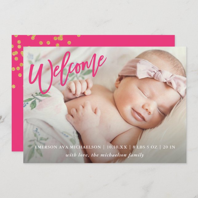 Pink Welcome Script with Faux Gold Confetti Birth Announcement (Front/Back)