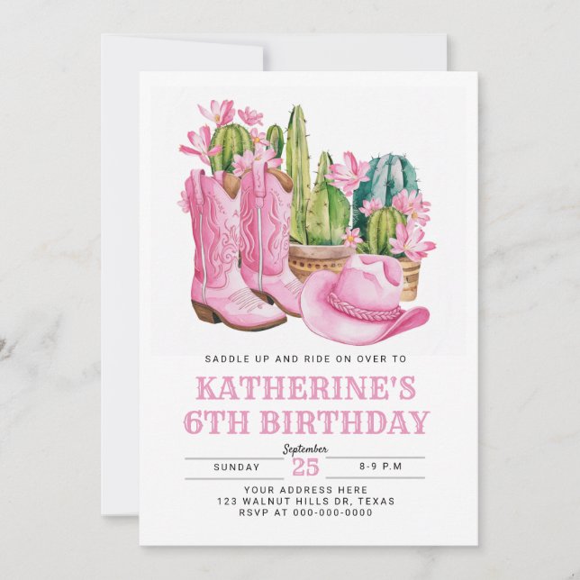 Pink West Cowgirl Cactus Watercolor Birthday Invitation (Front)