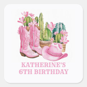 Pink West Cowgirl Cactus Watercolor Birthday Square Sticker