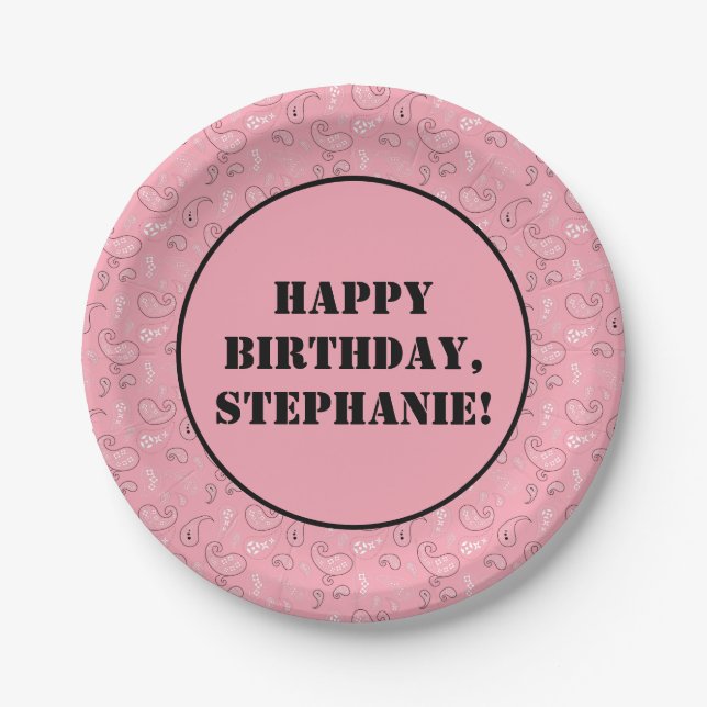 Pink Western Bandanna Print Birthday Party Paper Plate (Front)