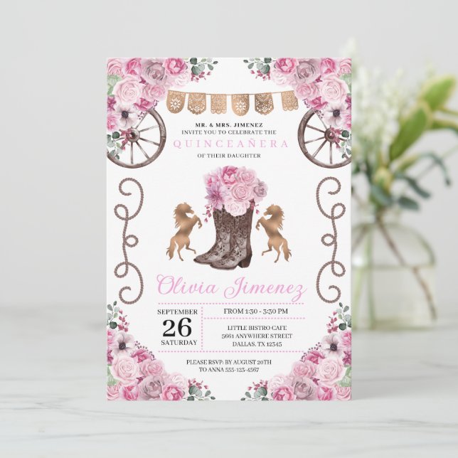 Pink Western Charra Floral Boots Quinceañera Invitation (Standing Front)
