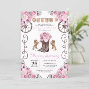 Pink Western Charra Floral Boots Quinceañera Invitation