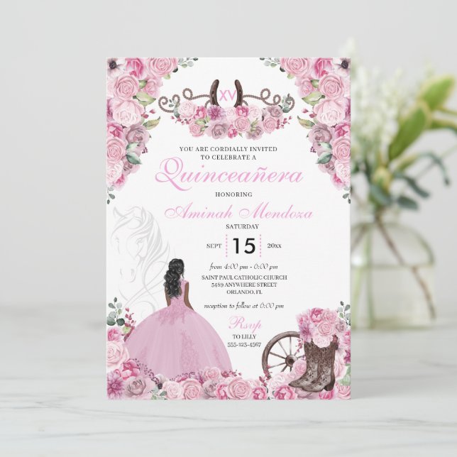 Pink Western Charra Floral Boots Quinceañera Invitation (Standing Front)