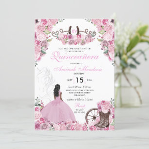 Pink Western Charra Floral Boots Quinceañera Invitation