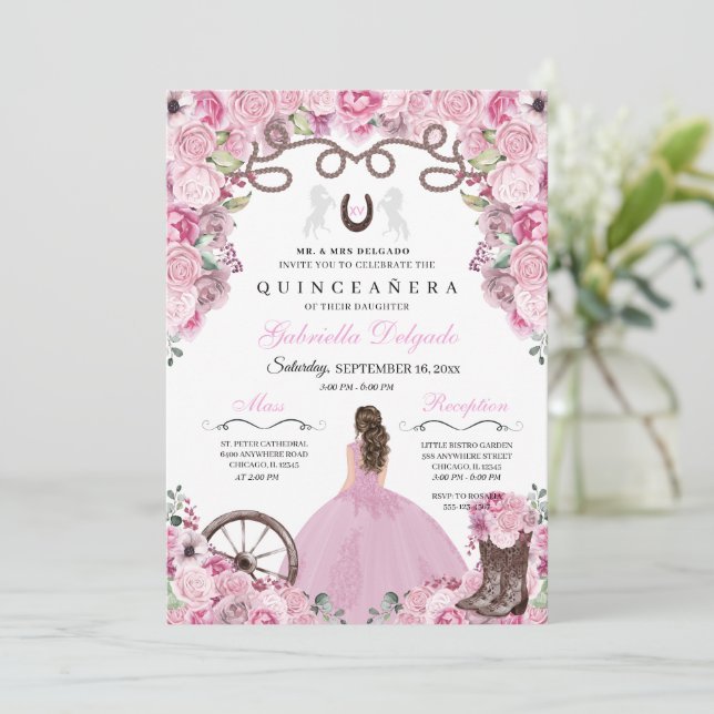 Pink Western Charra Girl Ranchero Quinceanera Invitation (Standing Front)