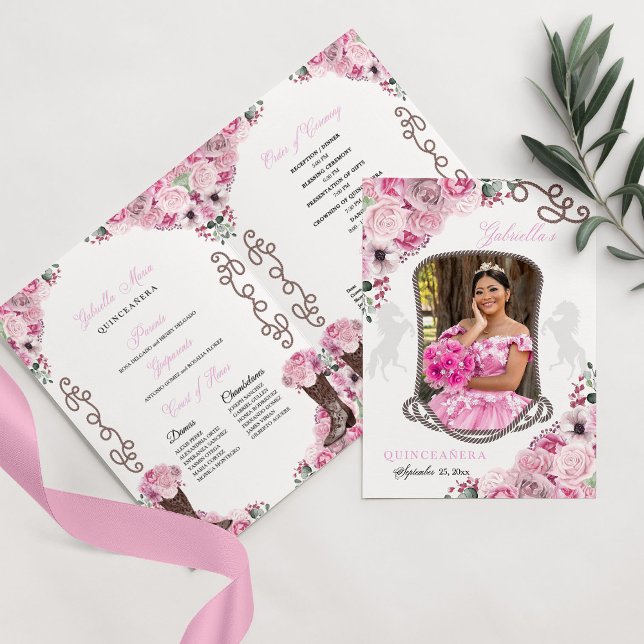 Pink Western Charro Quinceañera Program Invitation (Creator Uploaded)