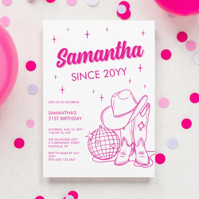 Pink Western Country Disco 21st Birthday Party Invitation (Pink Western Country Disco 21st Birthday Party Invitation)