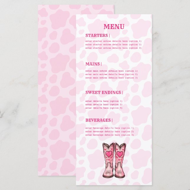 Pink Western Cow Print Rodeo Style Flat Menu (Front/Back)