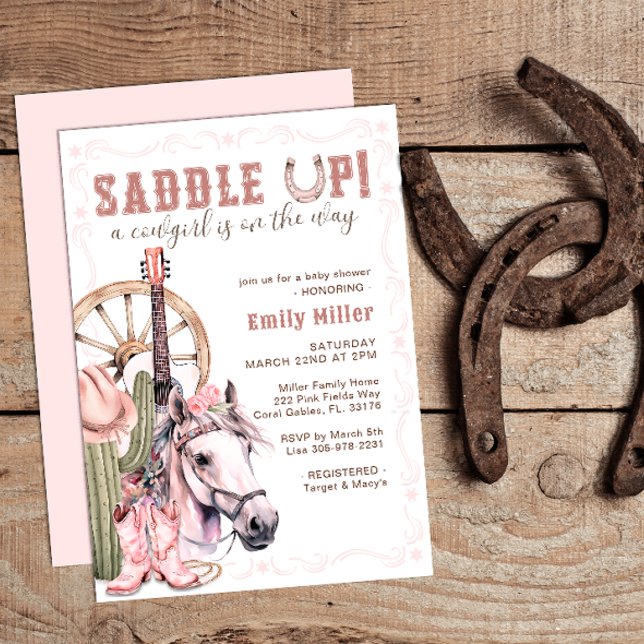 Pink Western Cowgirl Baby Shower Saddle Up Card (Pink Saddle Up Country Baby Shower Theme)