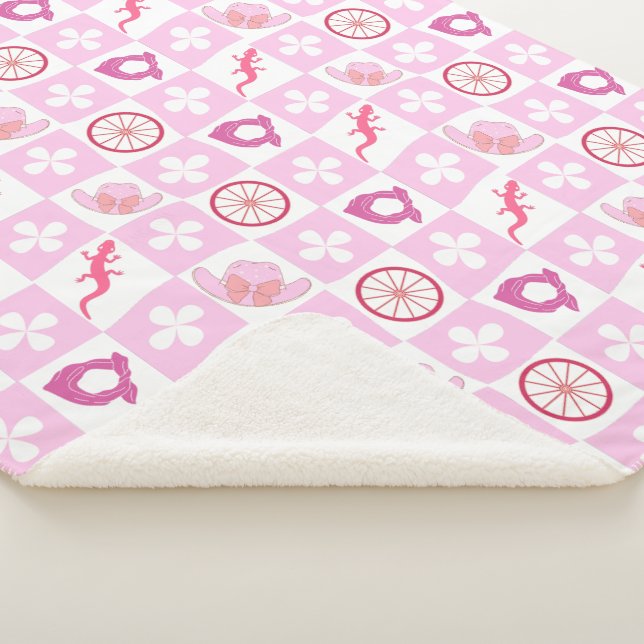 Pink Western Cowgirl Checkered Seamless Pattern Sherpa Blanket (3/4)