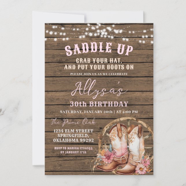 Pink Western Cowgirl Rustic Any Age Birthday Invitation (Front)