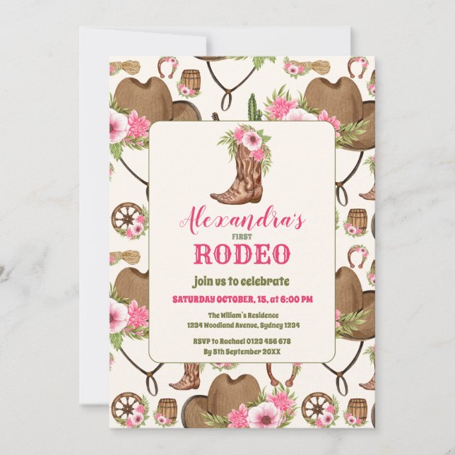 Pink Western First Birthday Rodeo Baby Girl Invitation (Front)