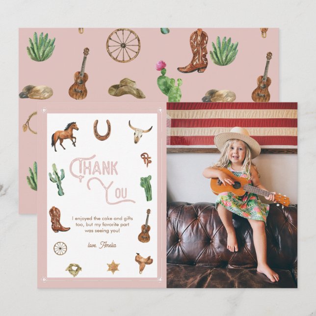 Pink Western First Birthday Rodeo Thank You Card (Front/Back)