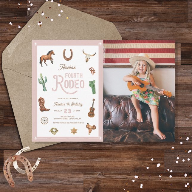 Pink Western Fourth Birthday Rodeo Baby Girl  Invitation (Creator Uploaded)