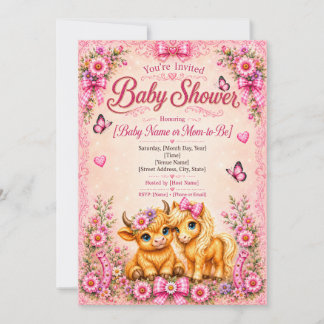 Pink Western Highland Cow & Pony Baby Shower Invitation