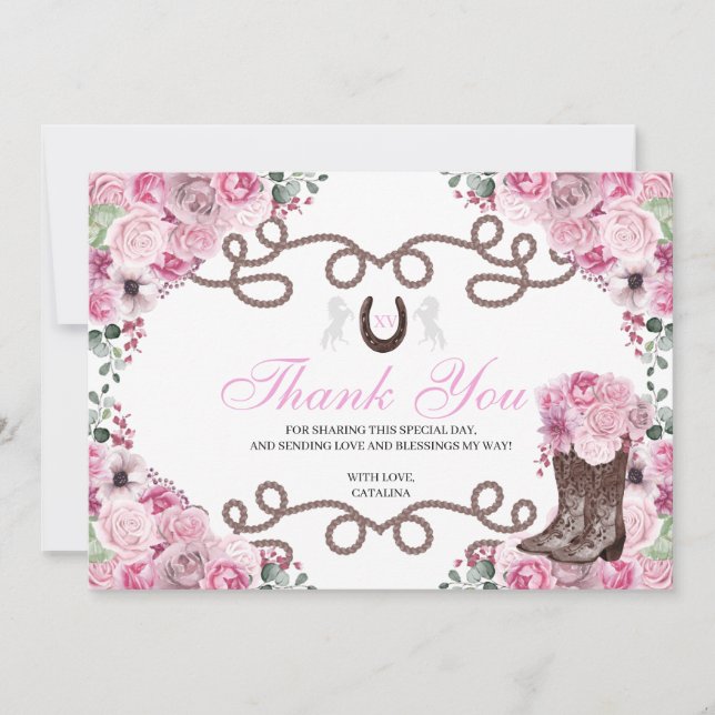 Pink Western Horse Quinceanera Thank You Card (Front)