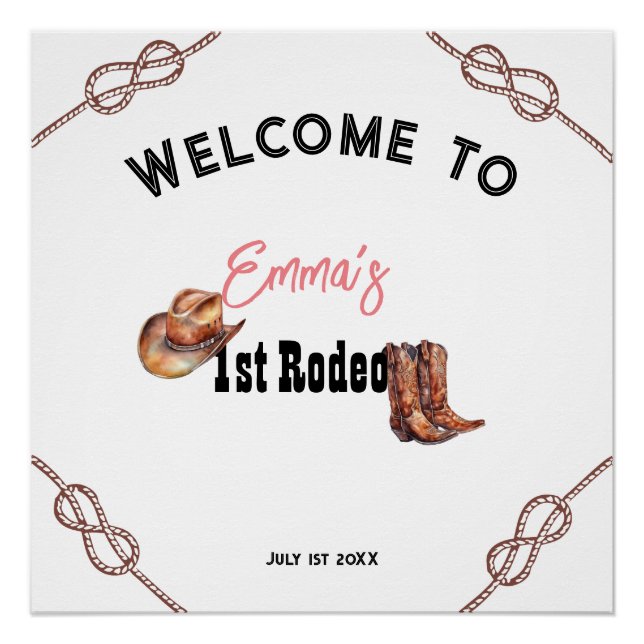 Pink Western Rodeo Cowgirl 1st Birthday Party Sign (Front)