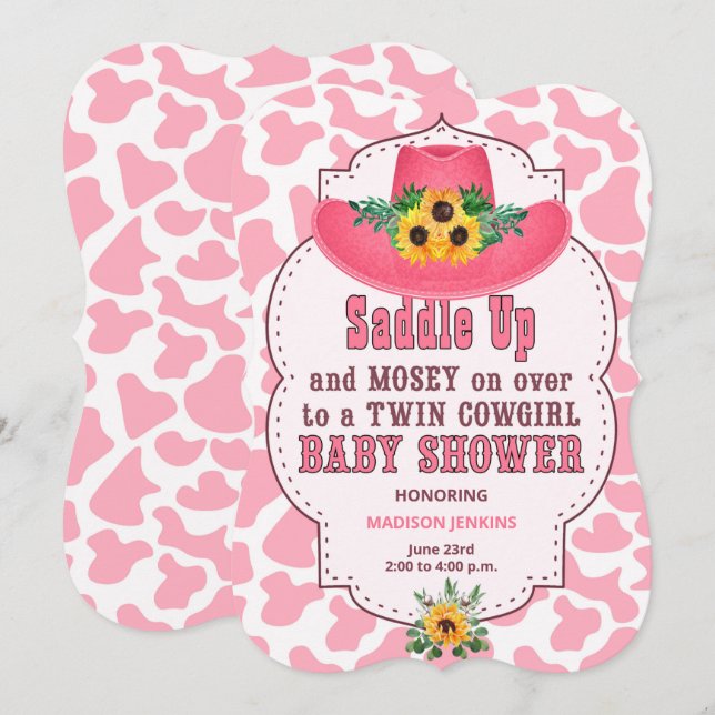 Pink Western Twin Cowgirls Baby Shower Invitation (Front/Back)