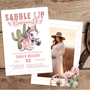 Pink Western Watercolor Photo Baby Girl Shower Invitation