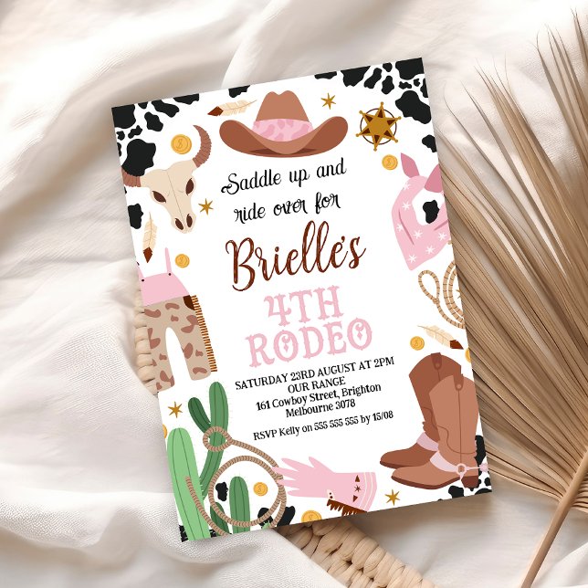 Pink Western Wild West 4th Rodeo Birthday Invitation (4th Rodeo Cowgirl Birthday Party Invitation Wild West Cowgirl Fourth Rodeo Editable Template)