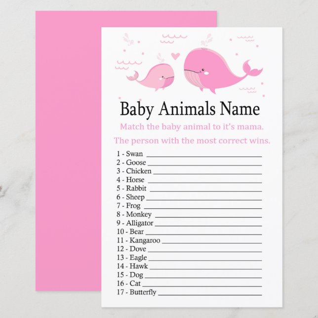 Pink Whale Baby Animals Name Game (Front/Back)