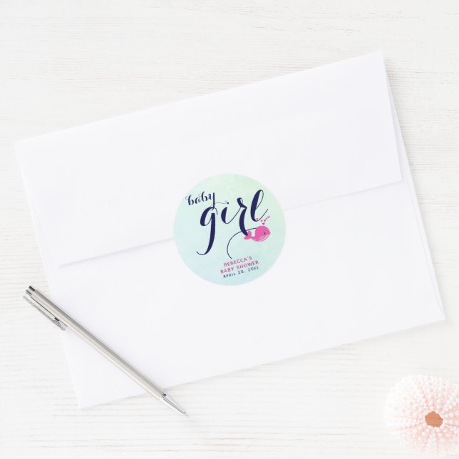 Pink whale baby ocean navy blue baby girl shower classic round sticker (Envelope)