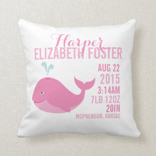 Pink Whale Birth Announcement Nursery Pillow