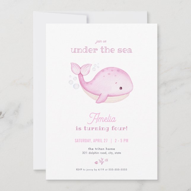Pink Whale Girl Under the Sea Birthday Invitation (Front)