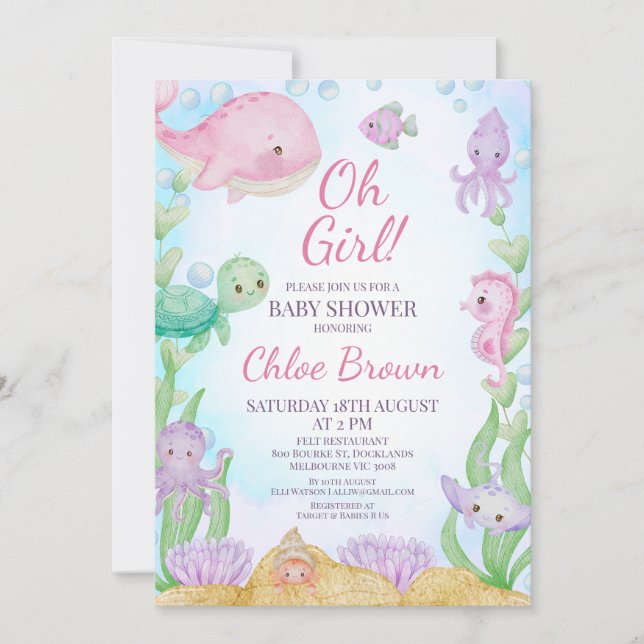 Pink Whale Girls Under the Sea Baby Shower Invitation (Front)