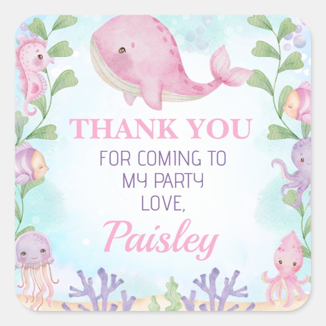 Pink Whale Girls Under the Sea Birthday Sticker (Front)
