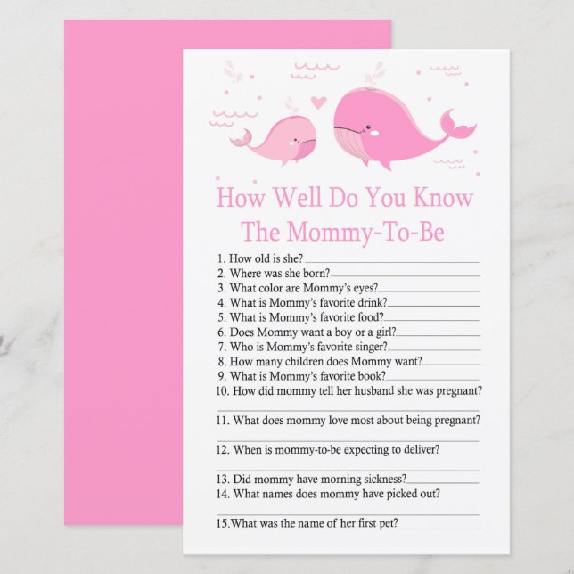 Pink Whale How well do you know baby shower game (Front/Back)