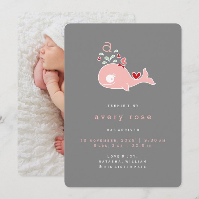 Pink Whale Monogram Baby Girl Birth Announcement (Front/Back)
