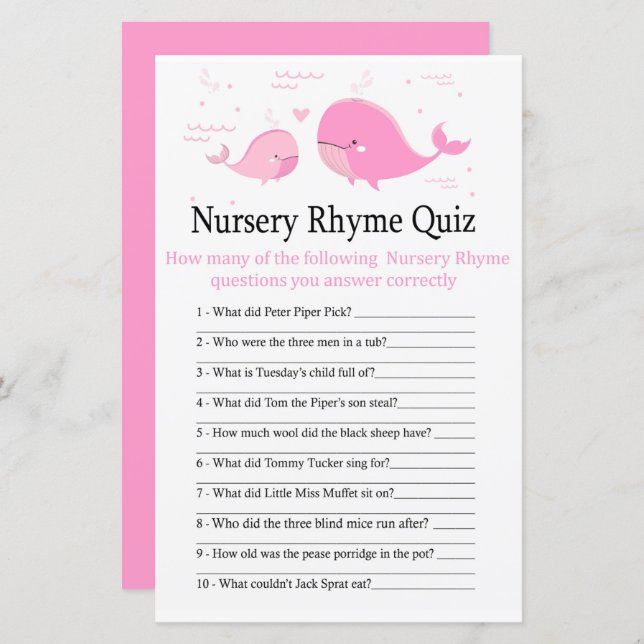 Pink Whale Nursery Rhyme Quiz baby shower game (Front/Back)