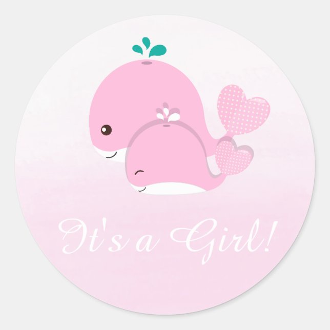 Pink Whale Ombre Its a Girl Baby Shower sticker (Front)