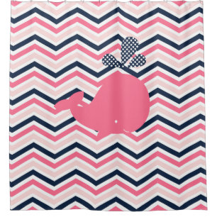 Pink Whale on Pink, White, Navy Chevron Stripes Shower Curtain