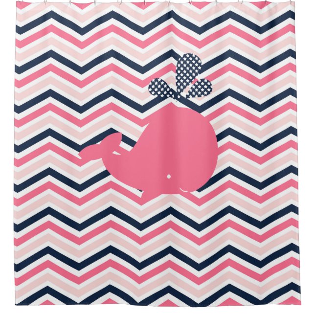 Pink Whale on Pink, White, Navy Chevron Stripes Shower Curtain (Front)
