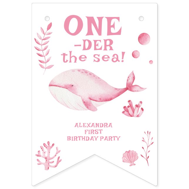 Pink Whale Oneder The Sea 1st Birthday  Bunting (First Flag)