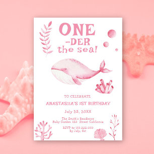 Pink Whale Oneder The Sea 1st Birthday  Invitation