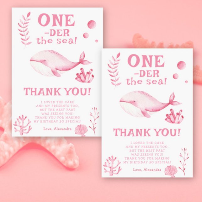 Pink Whale Oneder The Sea 1st Birthday  Thank You Card (Creator Uploaded)