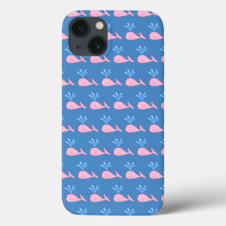 Pink Whale Pattern on Blue. iPhone 13 Case