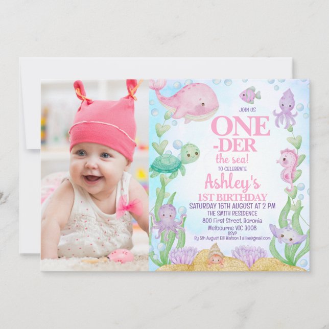 Pink Whale Photo Oneder the Sea 1st Birthday Invitation (Front)