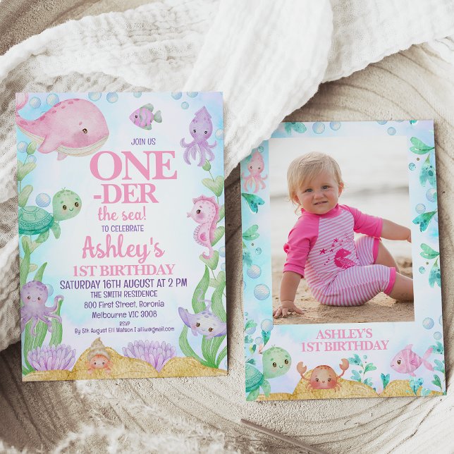 Pink Whale Photo Oneder the Sea 1st Birthday Invitation (One-der the sea first birthday invitation featuring a pink whale, sea creatures and photo on back.)