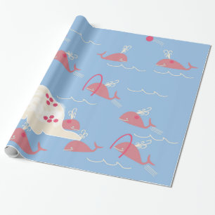 Pink whale playing in blue ocean cute kids wrapping paper