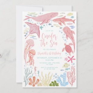 Pink Whale Under the Sea 1st Birthday Invitation