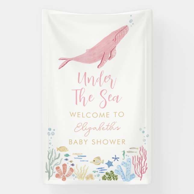Pink Whale Under The Sea Baby Shower Welcome Banner (Vertical)